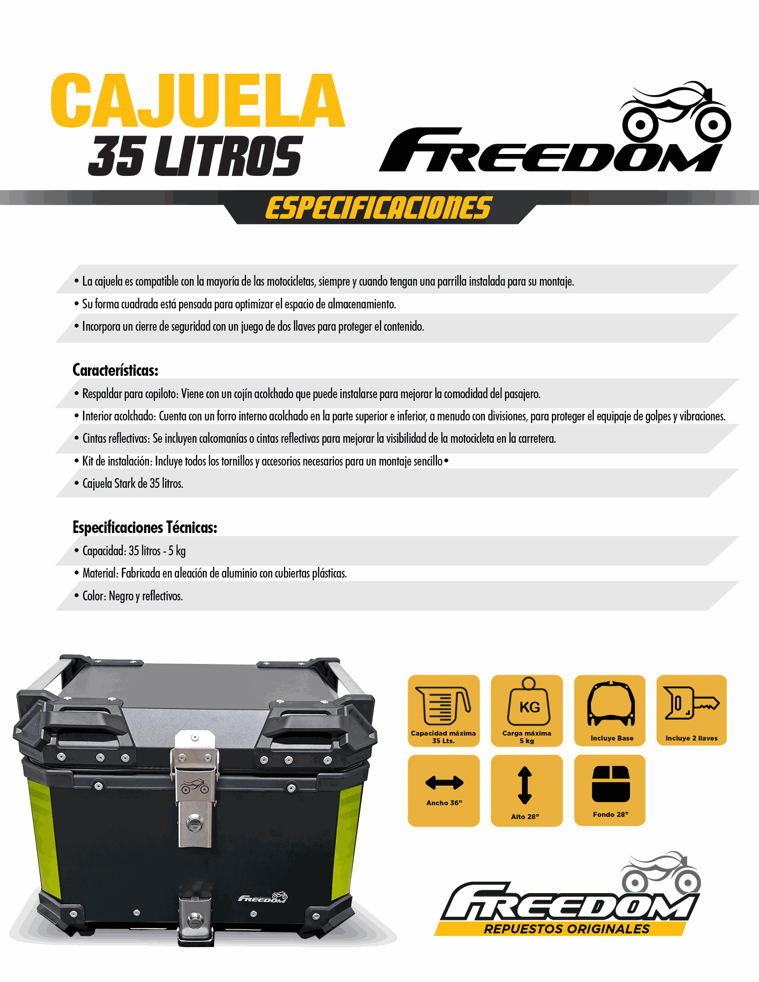 CAJUELA DE ALUMINIO 35L FREEDOM | Repuestos Motos Freedom